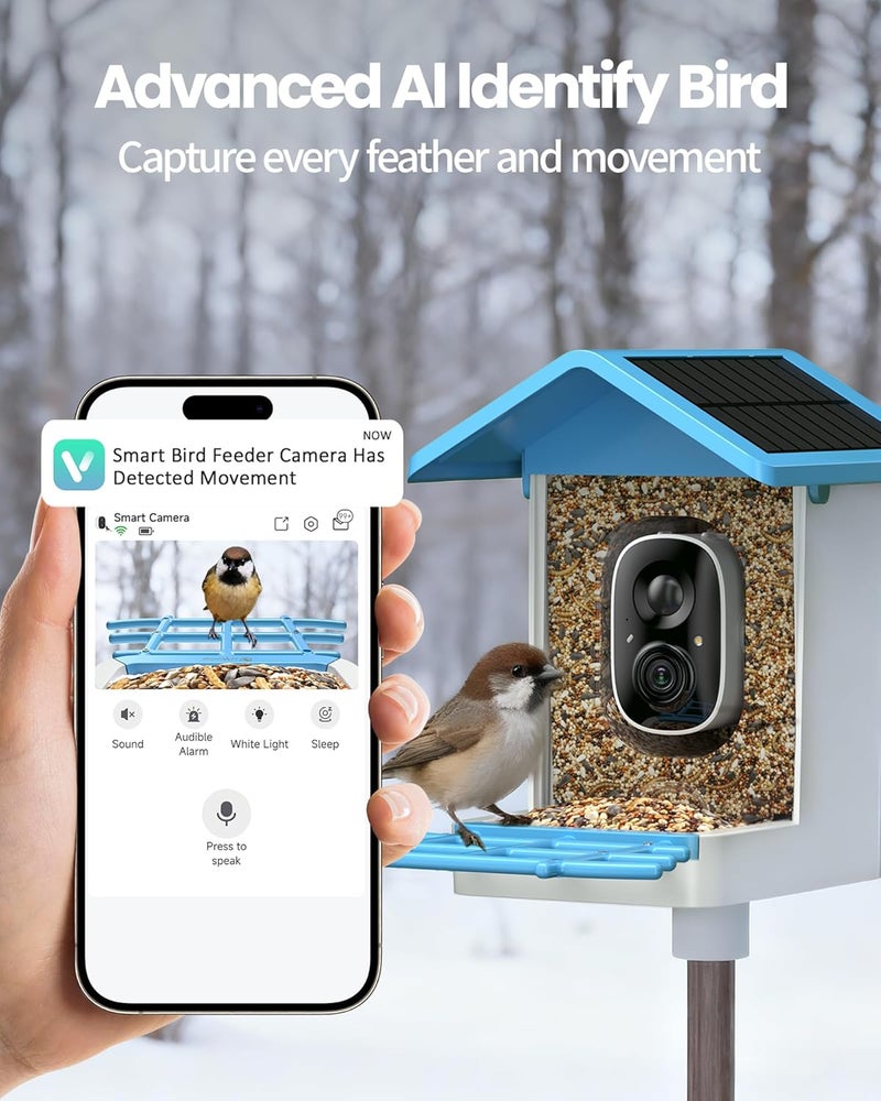 isYoung ​​ Smart Bird Feeder with Camera, 2.5K QHD Resolution, AI Identify 16000+ Birds, AI Auto-Capture & Motion Detection, IP65 Water-Resistant, 5W Solar Powered, Best Gift for Bird Lovers（Blue） - Image 2
